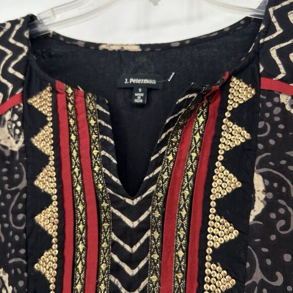 J Peterman Boho Tunic Top Black Gold Sequins Paisley Print 3/4 Sleeves Size S - Picture 3 of 12
